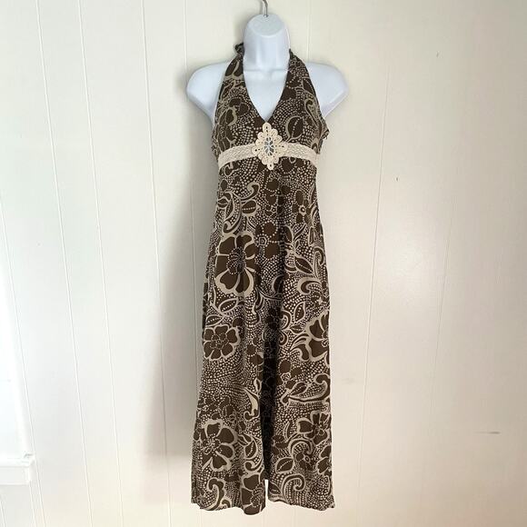 Y2K Roxy Brown Halter Dress Sz 3 Crochet Empire Waist Floral Boho Beach Cotton - Picture 1 of 8